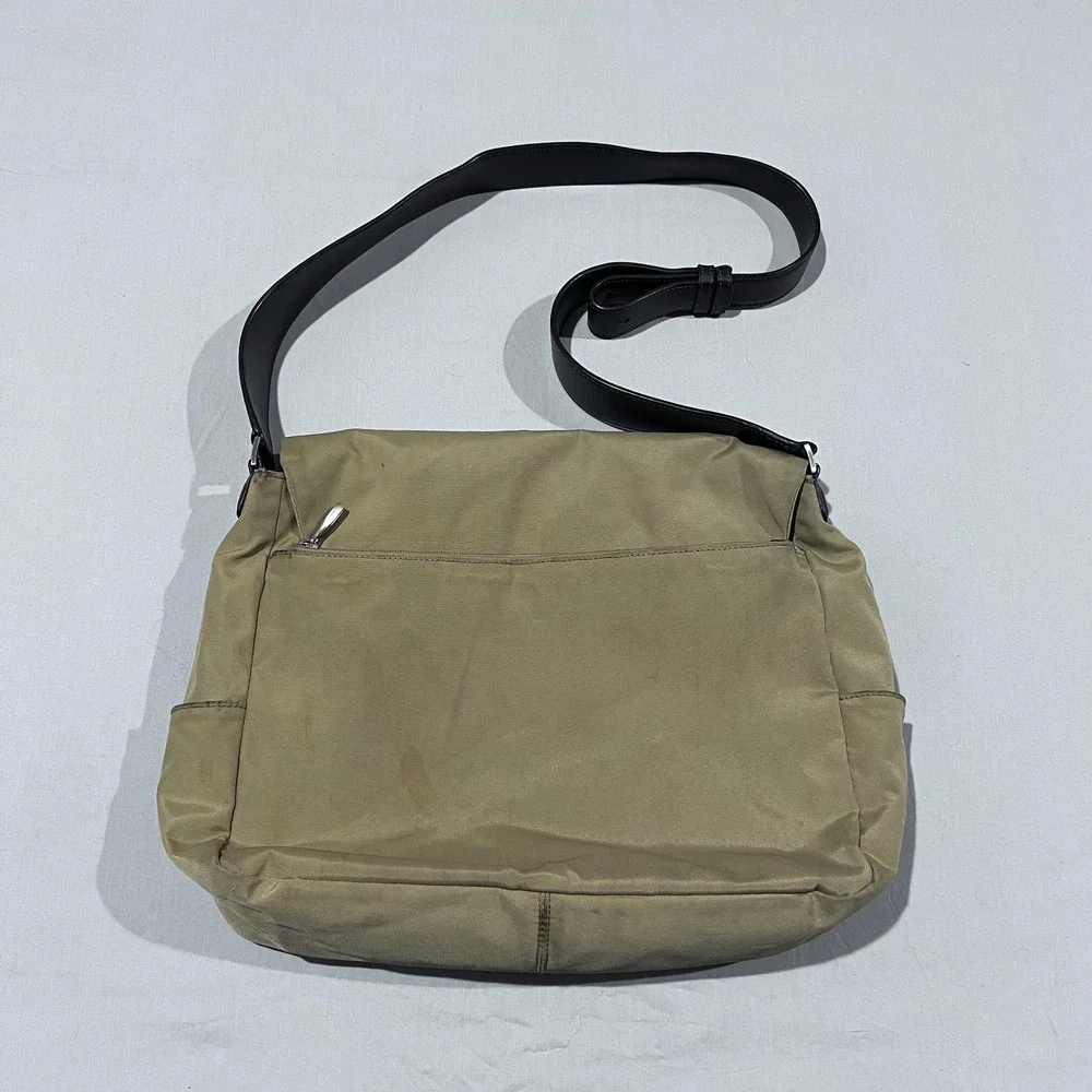 Vintage Tumi Womens Beige Crossbody Shoulder Messanger Bag Purse Leather Trim